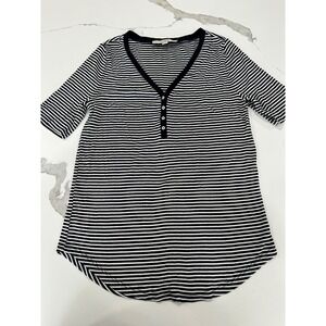 LOFT Striped V Neck Henley Tunic Shirt Womens Size Small Navy White Modal Blend
